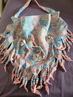 80s beaded bandana scarf retro novelty tie off blue peach paisley silver conch